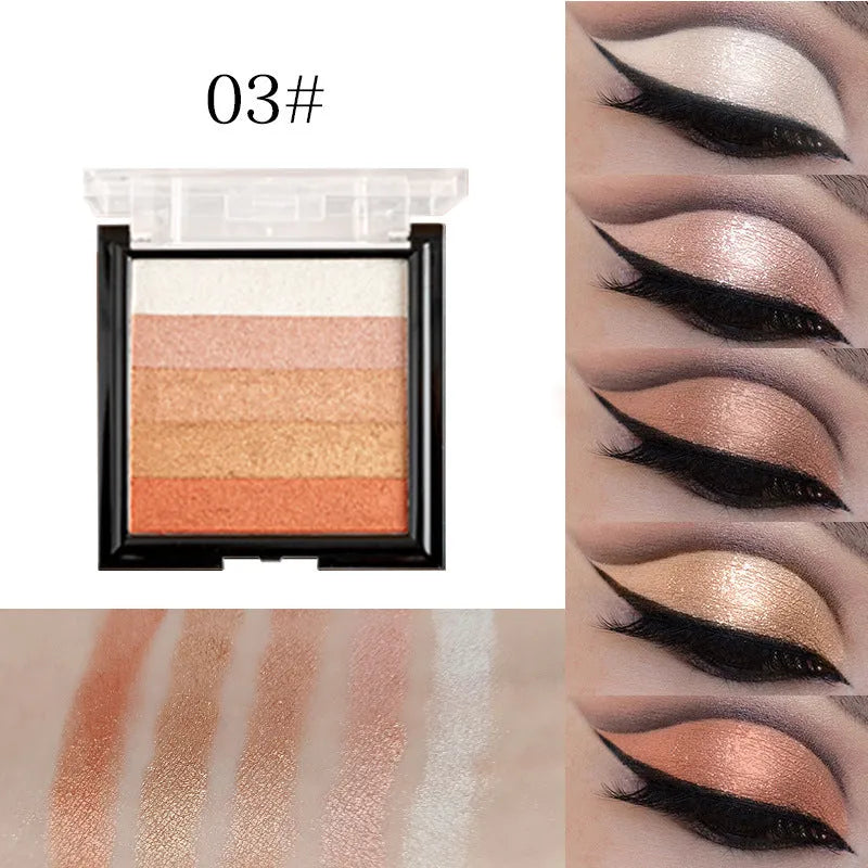 A compact of highlight eye shadow in one of six colour styles, shown open to display the powder.