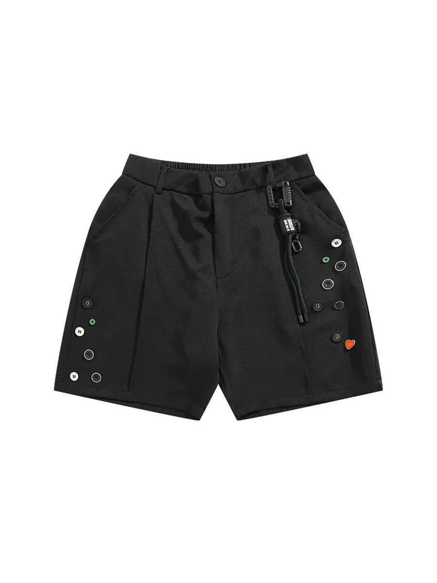 Men's black loose-fit straight-leg shorts with a semi-elastic waistband and zipper fly.