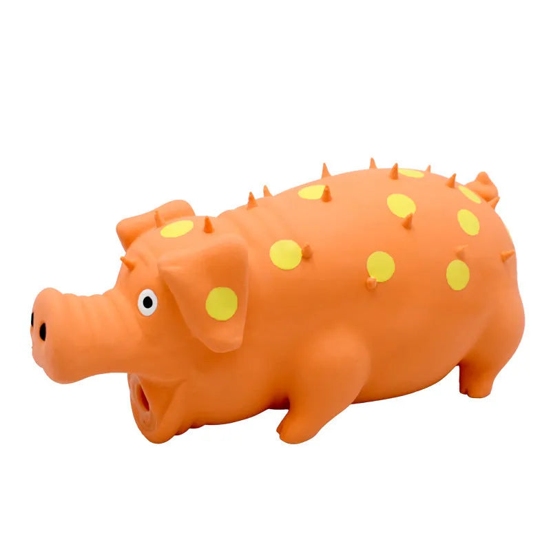 Latex pig-shaped squeaky dog chew toy with textured surface in assorted colours