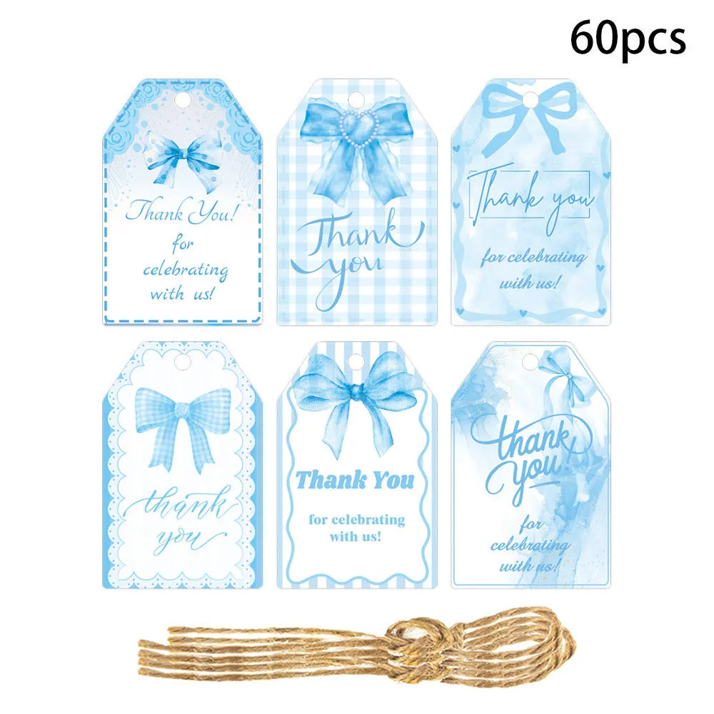 Set of 60 birthday gift tags with hemp rope ties in floral, polka dot and striped designs