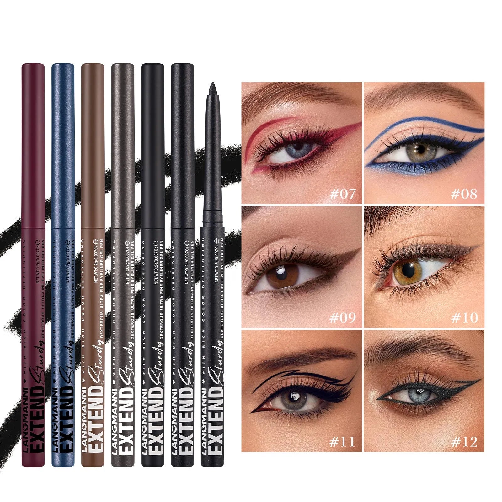 Set of 12 colourful gel glitter eyeliner pencils in waterproof formula for multi-purpose makeup