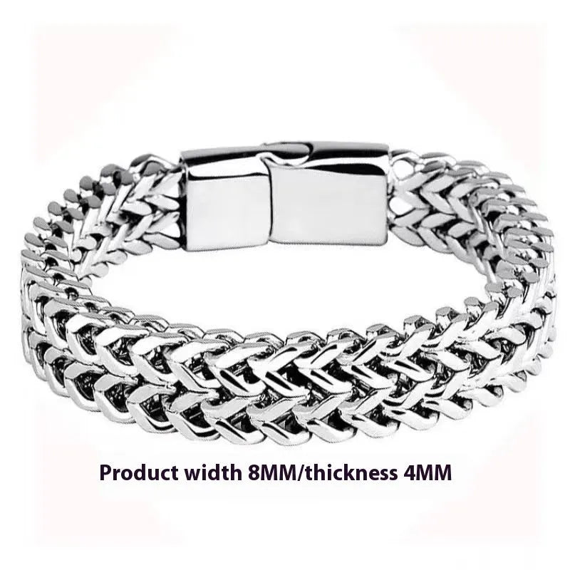 Silver geometric hip hop stainless steel men's bracelet showing 4x8mm and 5x10mm link size options.