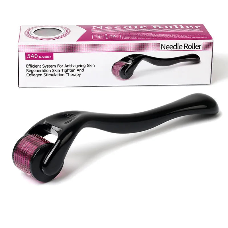 Black and purple derma rollers with titanium needles showing different needle length settings from 0.2mm to 1mm