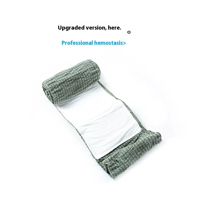 A sealed package containing a rolled tactical hemostatic gauze bandage, shown in 4-inch and 6-inch size options.
