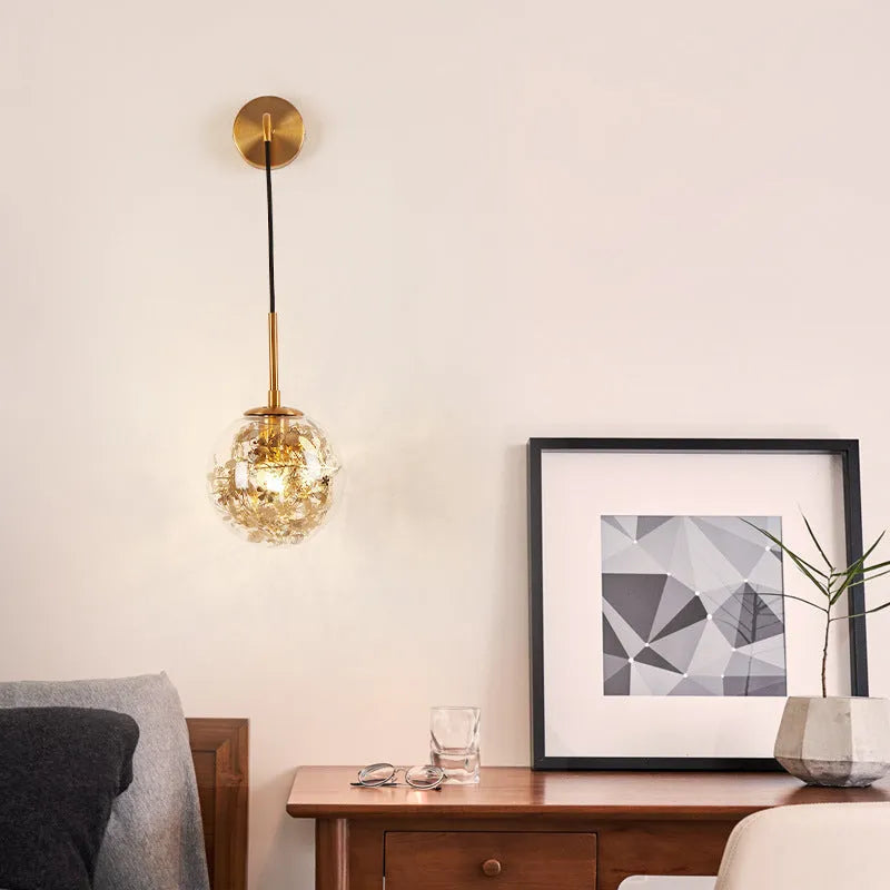 Modern glass wall mounted bedside lamp with LED light in golden flower finish