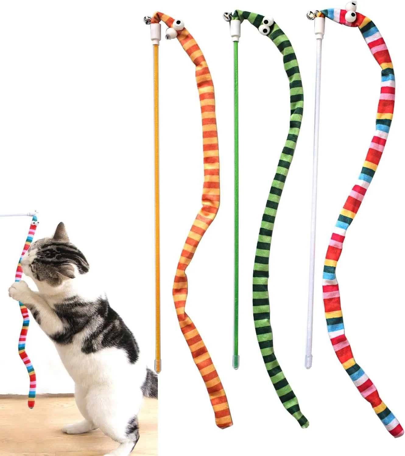 Cat wand toy with polycarbonate pole and plush strip in bright colours for interactive play