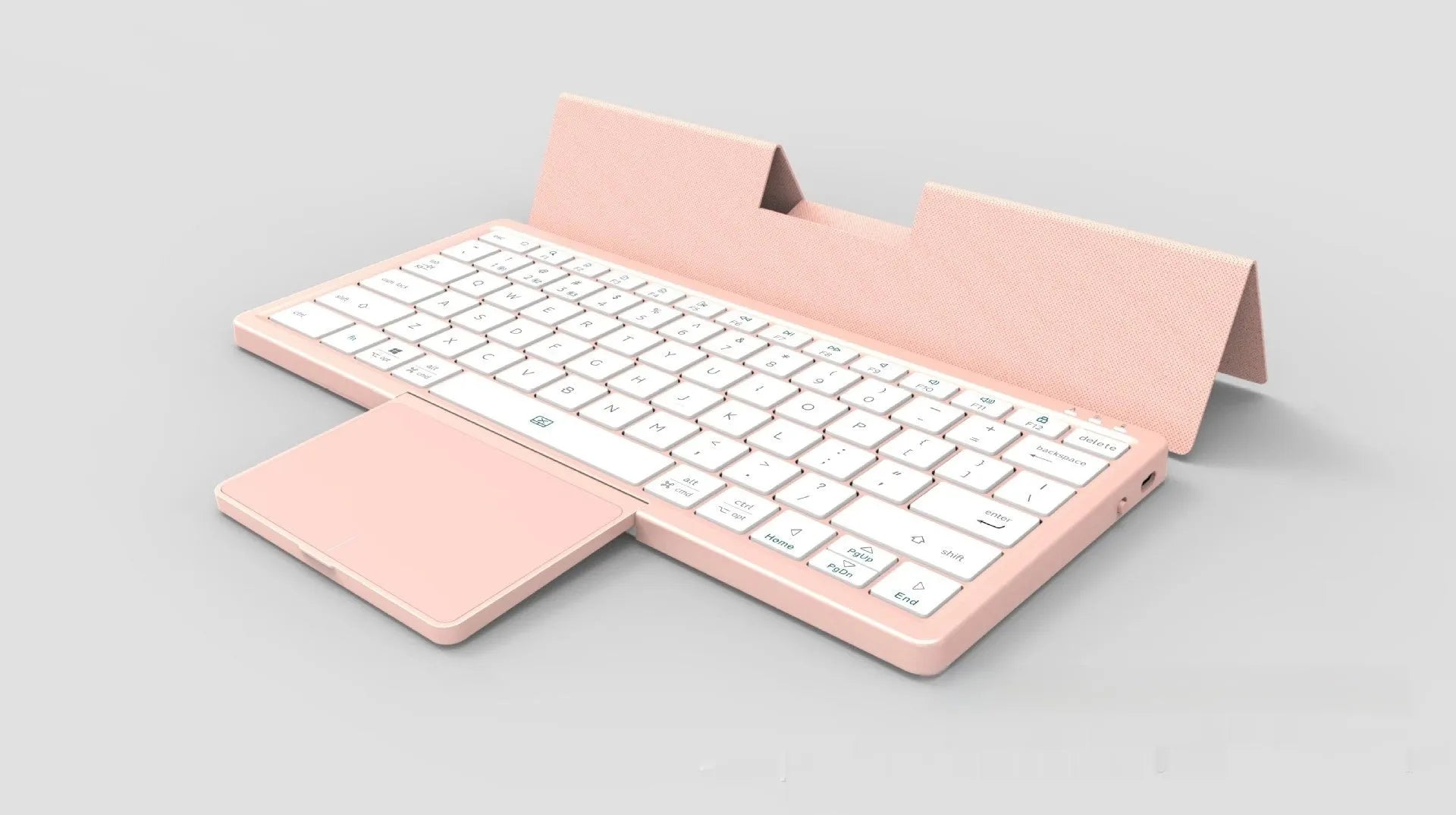Black and grey three-in-one wireless Bluetooth keyboard with touch pad and leather sheath stand for iPad.