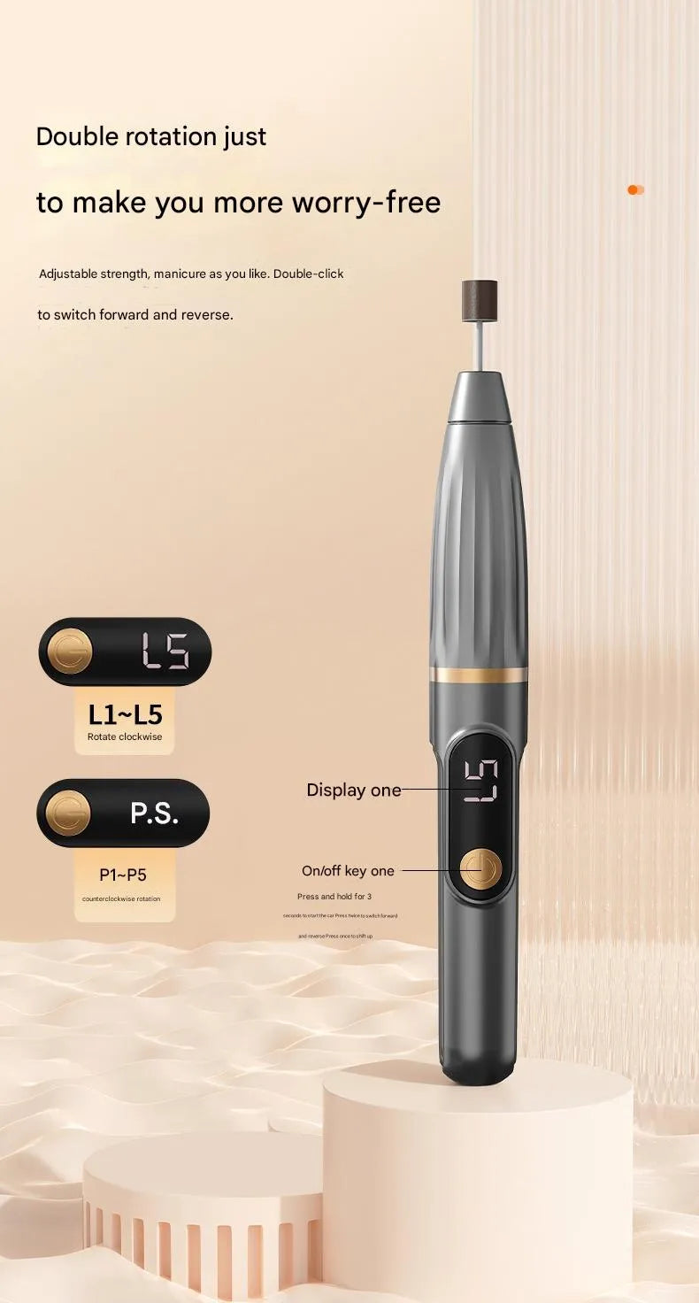 Compact electric nail file with LCD display, USB charging cable, and three spare sanding bands