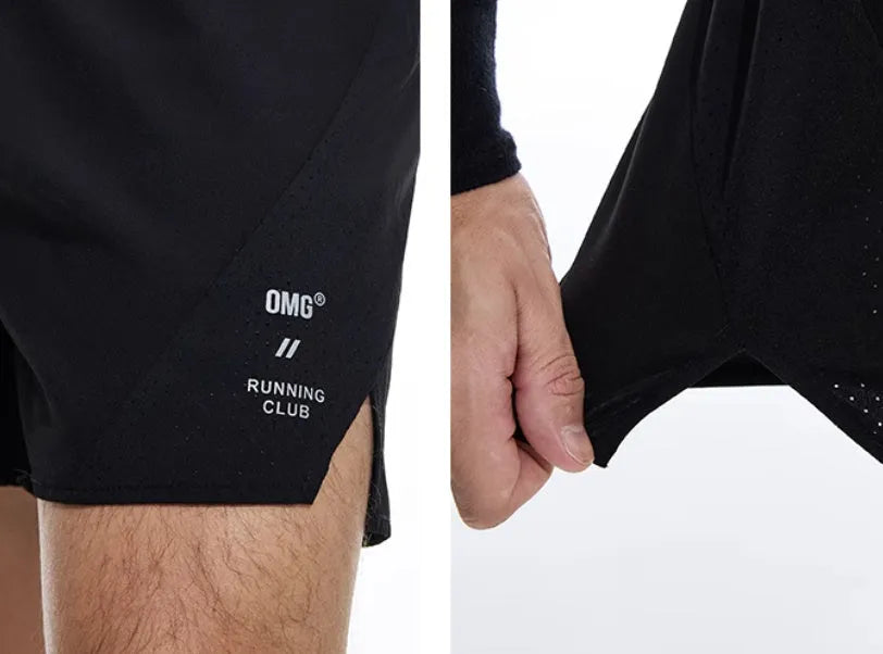 Mysterious Black four-point stretch running shorts with laser punch stitching laid flat.