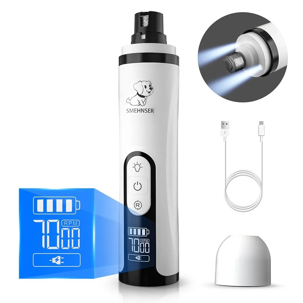 White electric dog nail trimmer with LED display showing speed settings and dust collection compartment