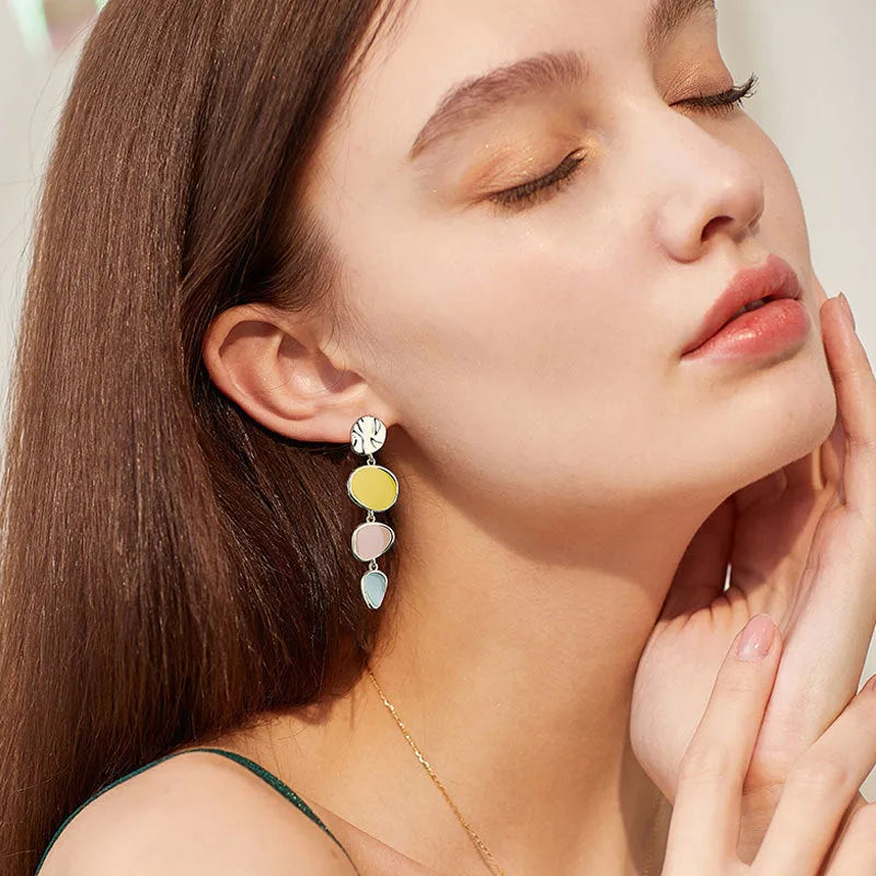 Morandi three-colour oil drip texture on disc-shaped wafer earrings with sterling silver needle