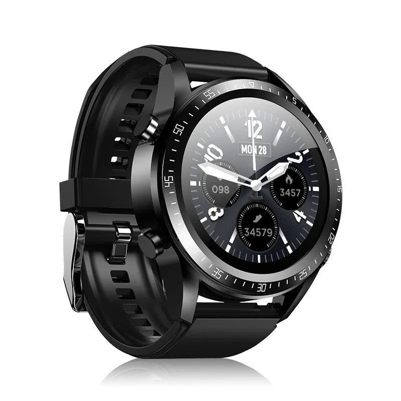 Black smart watch with blood pressure monitoring on a silicone strap, showing its 1.28-inch touchscreen display.
