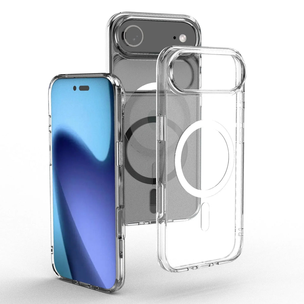 Transparent magnetic phone case for iPhone 17 series models on a plain background