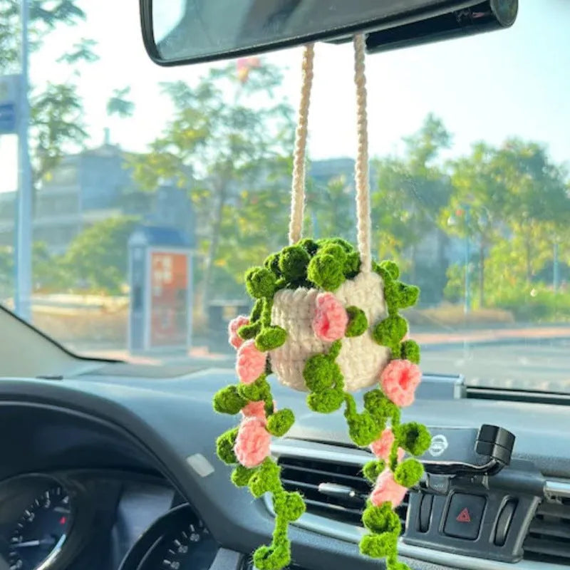 Green and white knitted car plant decoration with hanging rope on 8cm plastic base