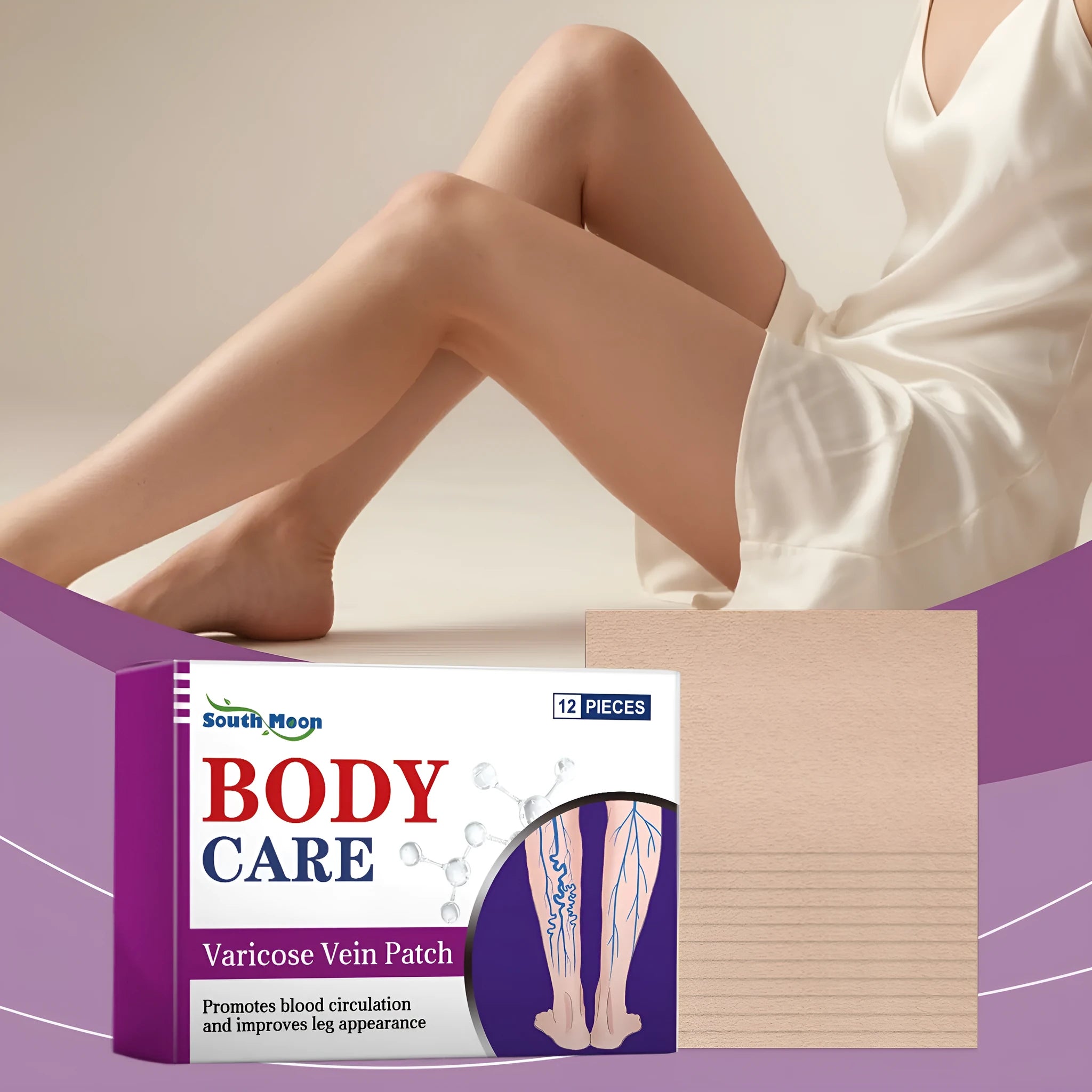 Box of 12 leg care patches with plant ingredients for nourishing massage