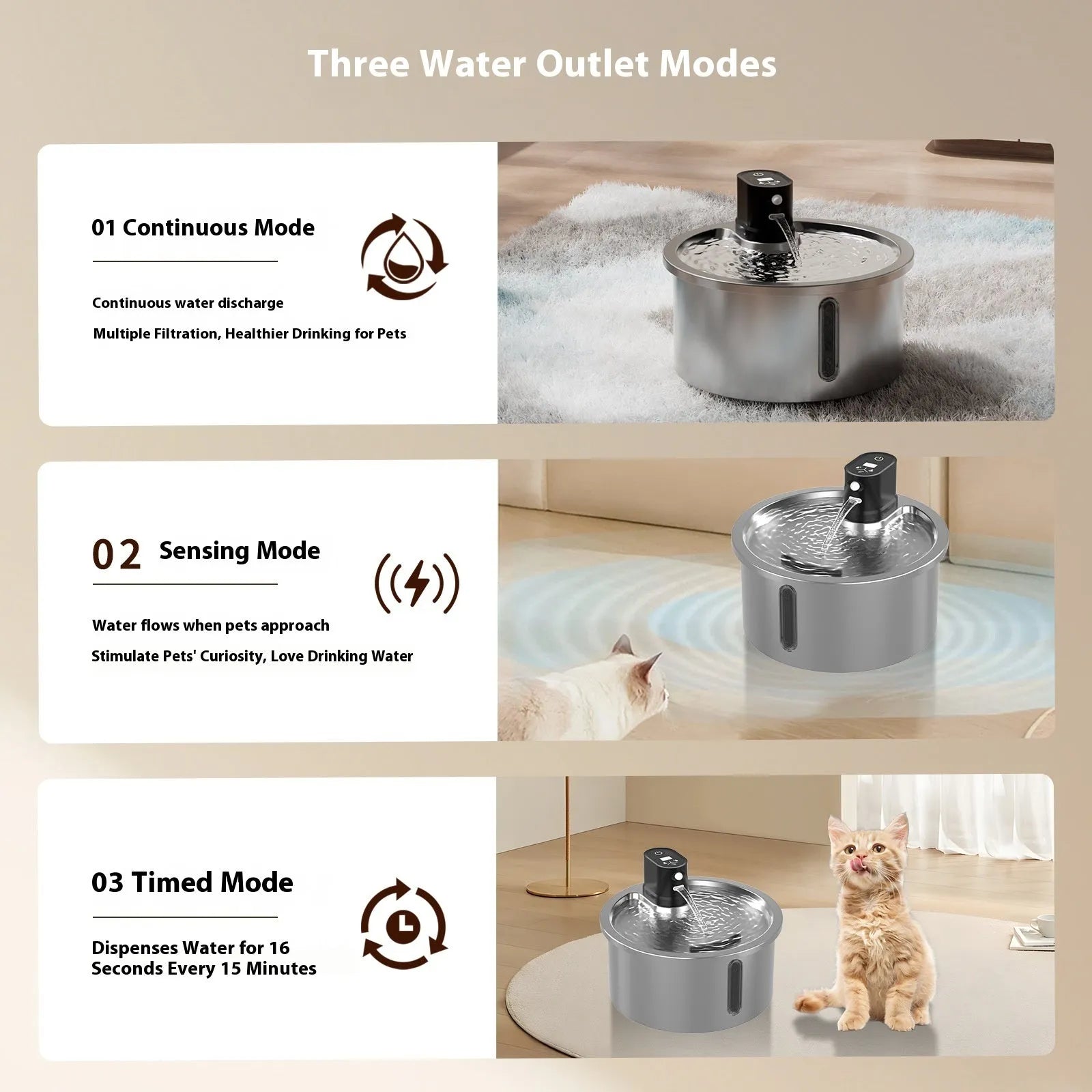 White pet water fountain with stainless steel bowl and digital temperature control display