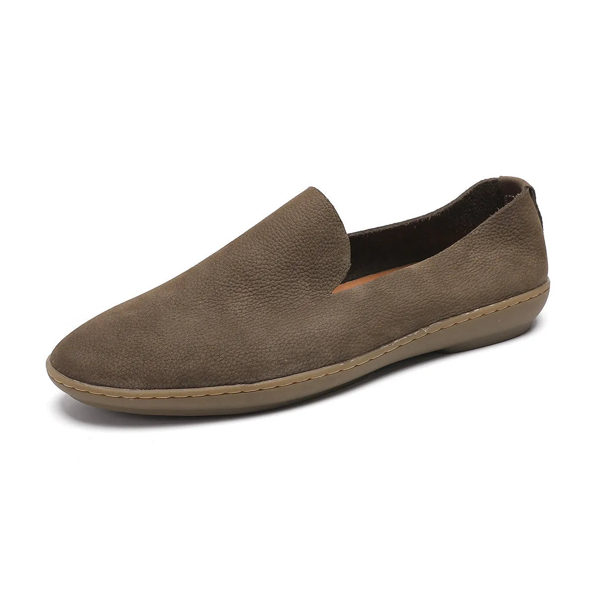 Handmade low-top men's shoes in khaki with a wedge flat heel and rubber sole.