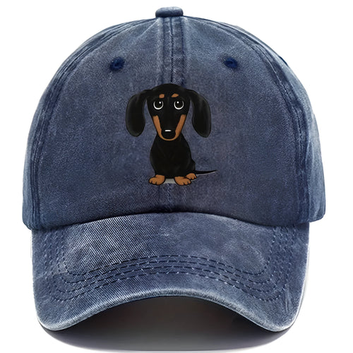 Retro washed baseball cap with a machine-embroidered dachshund dog print on the front.