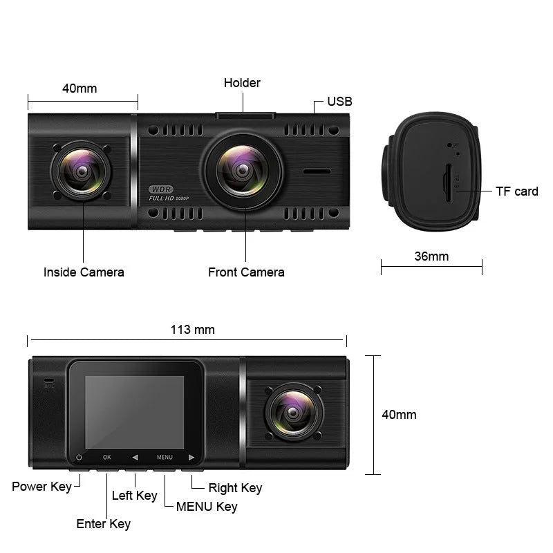 Black dual channel dash cam on a car windscreen with a 1.5-inch screen, showing front and rear camera views.
