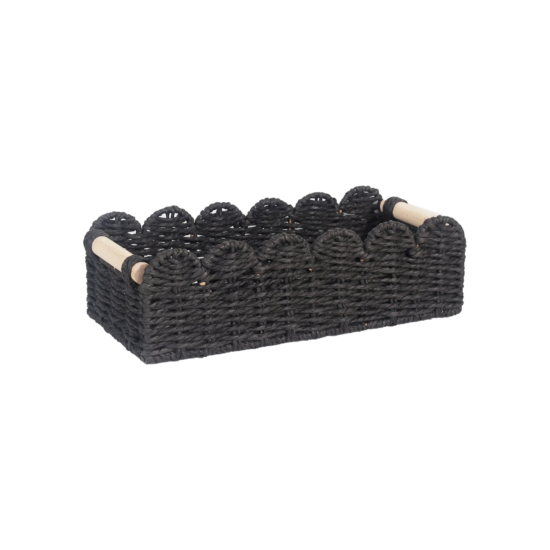 Rectangular woven paper storage basket in a choice of colours on a wooden table.