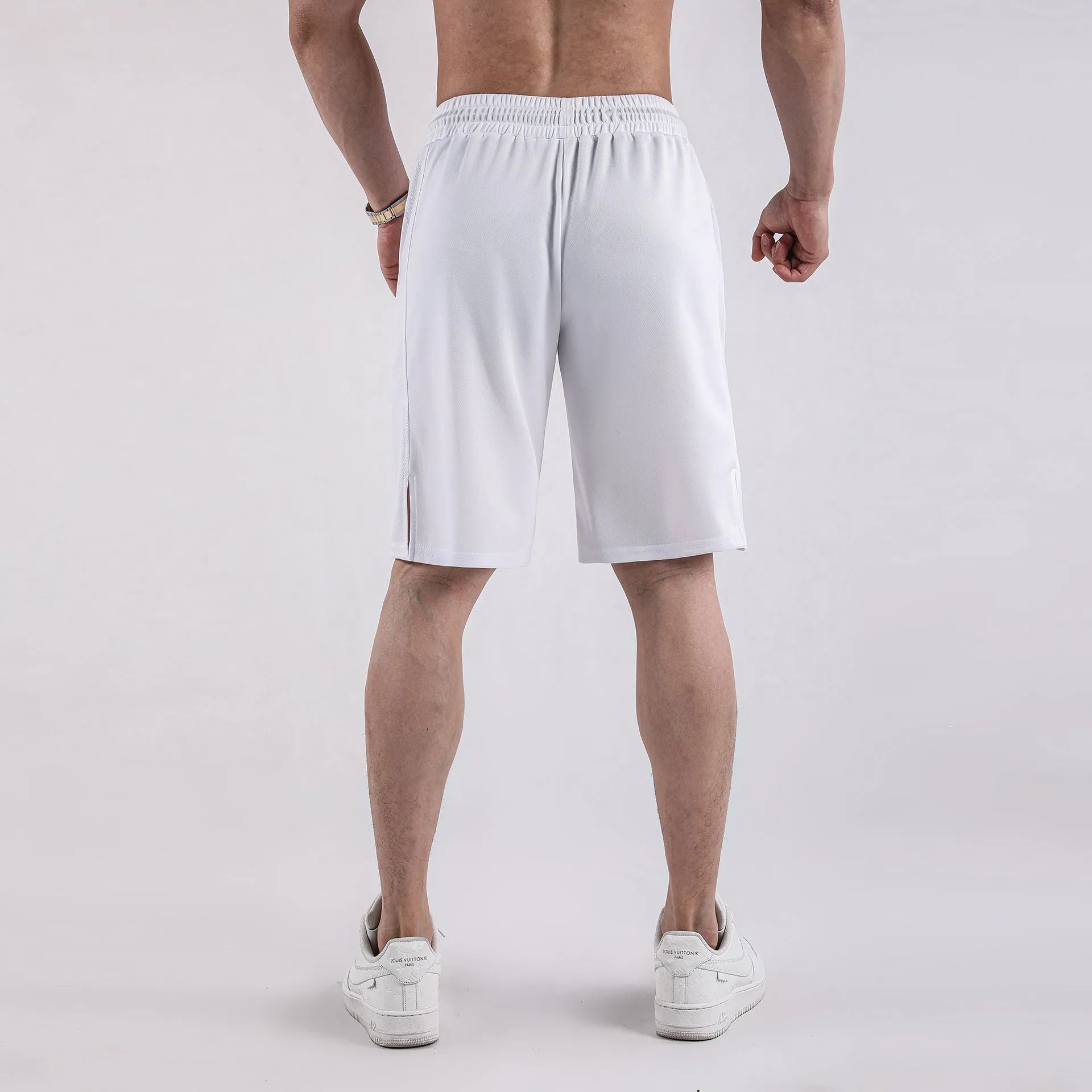 Men's black quick-drying mesh shorts with elastic waistband and loose fit for summer sports