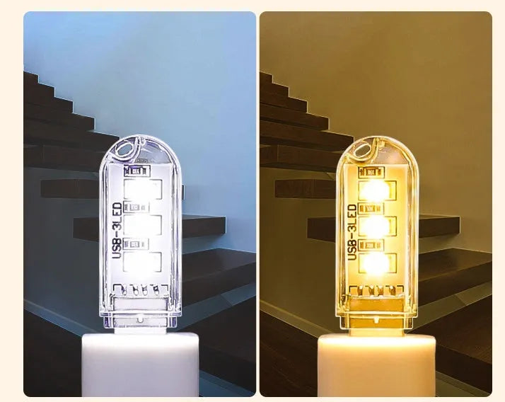 Small white USB-powered LED baby night light on a table