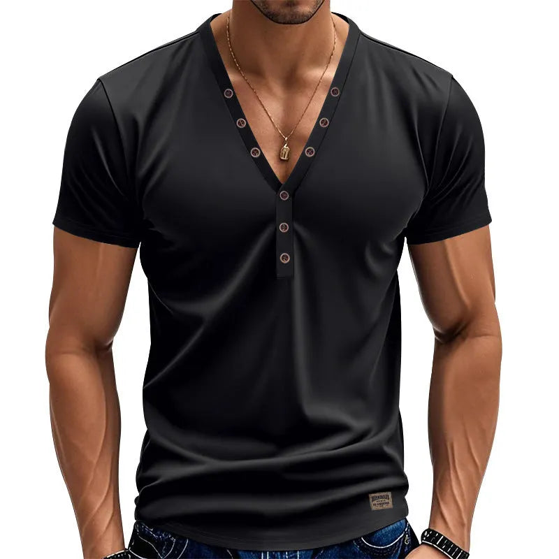 Men's loose thin V-neck sports pullover with button design in polyester blend fabric