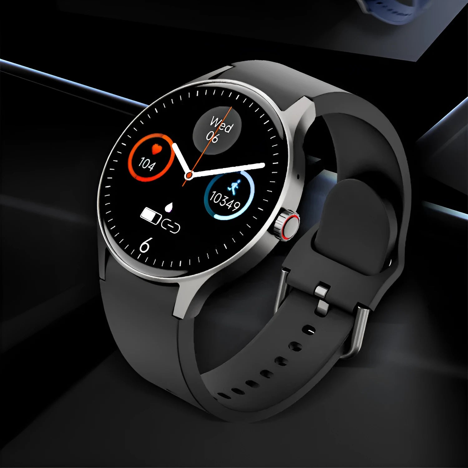 Black Bluetooth sport watch with round touch screen on wrist showing notification display