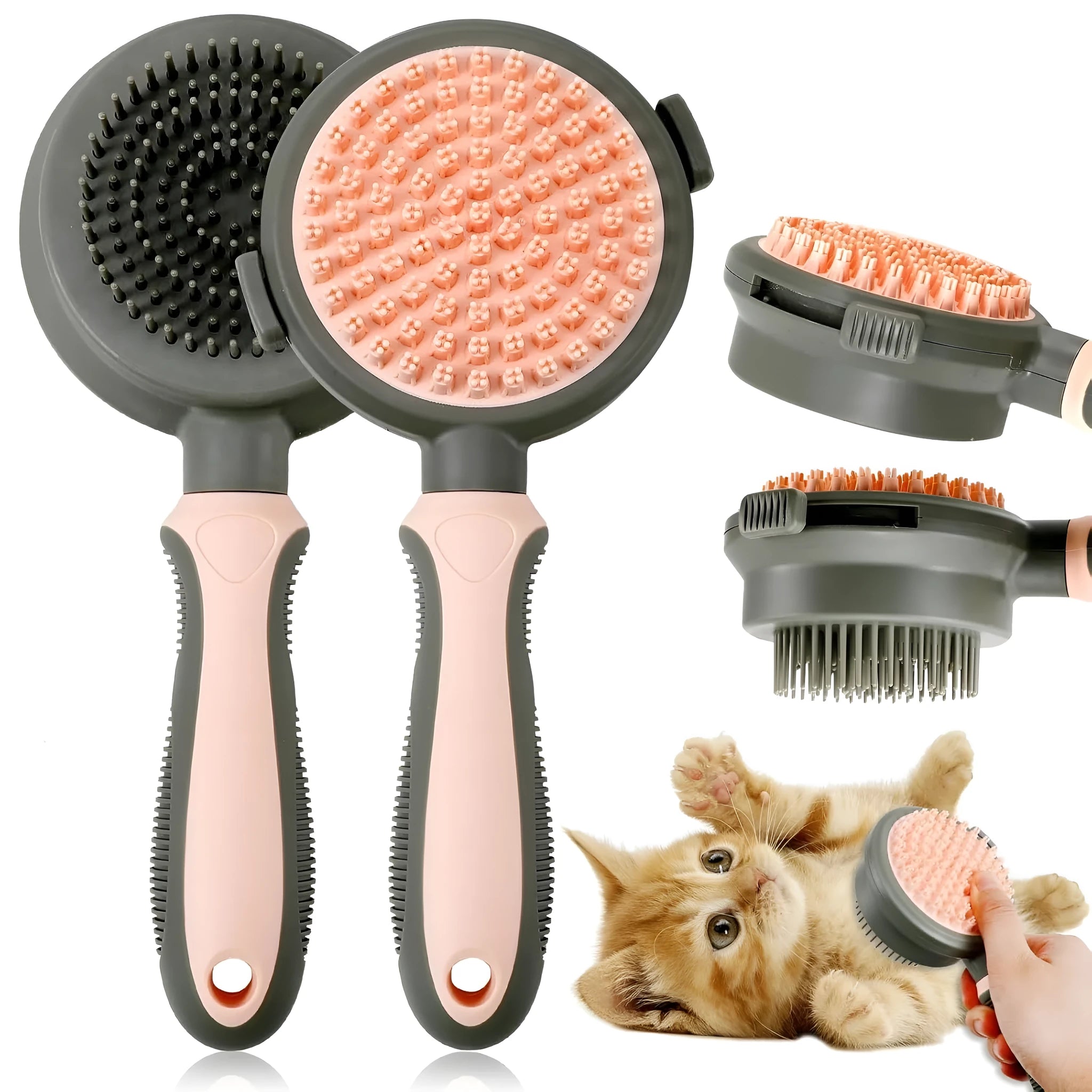 Pink double-sided cat grooming brush with release button next to a flea comb on a white background.