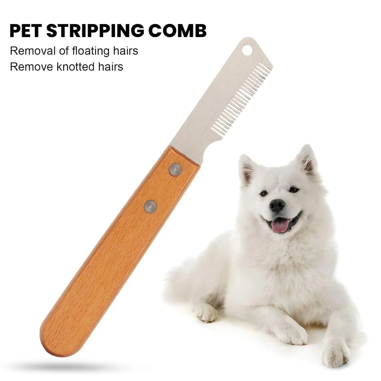 Pet stripping comb with wood handle and metal teeth for grooming long-haired dogs and cats.