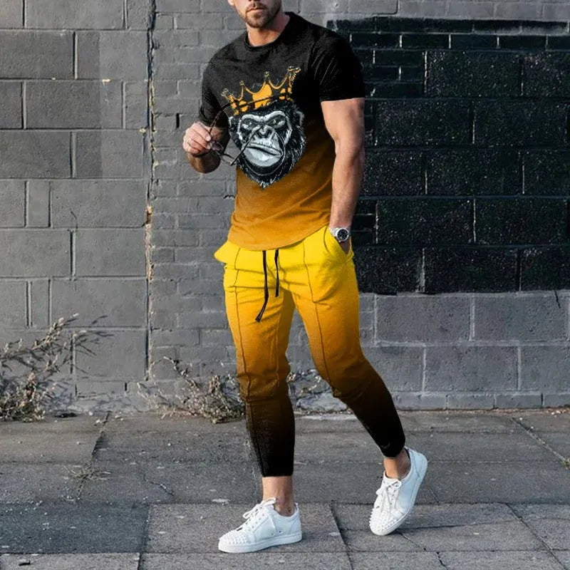Men's short-sleeved round neck T-shirt and matching trousers set in a solid colour.