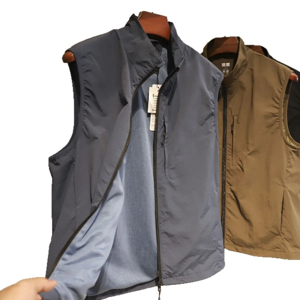Men's straight-cut nylon vest in Army Green colour with side seam pockets and cardigan style