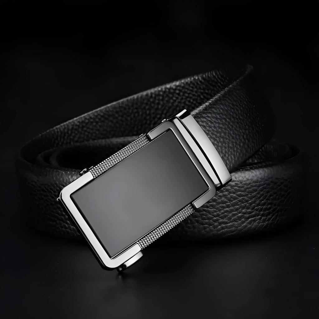Men's leather comfort click belt with an alloy buckle in gun black, silver, or gold finish.