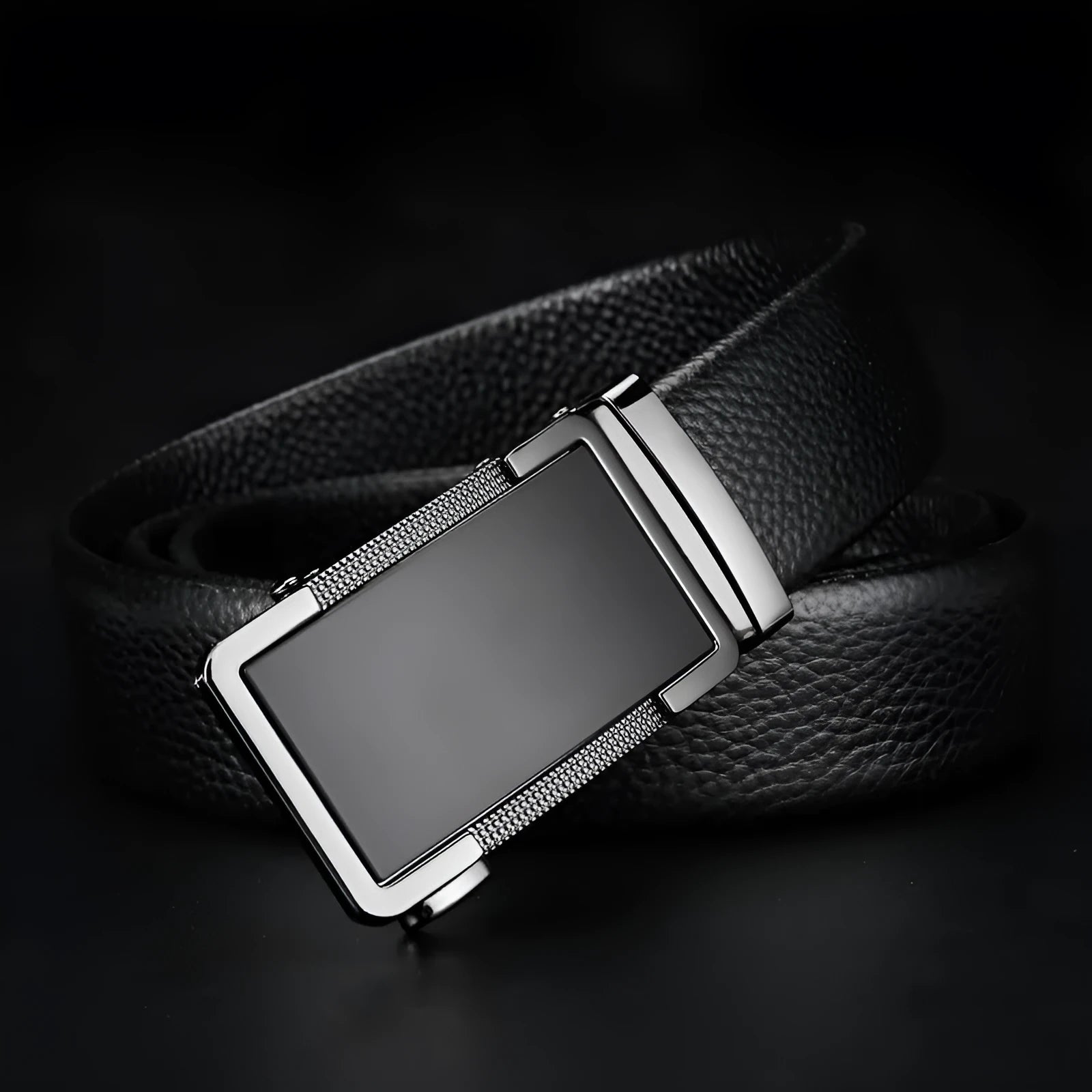 Men's leather comfort click belt with an alloy buckle in gun black, silver, or gold finish.