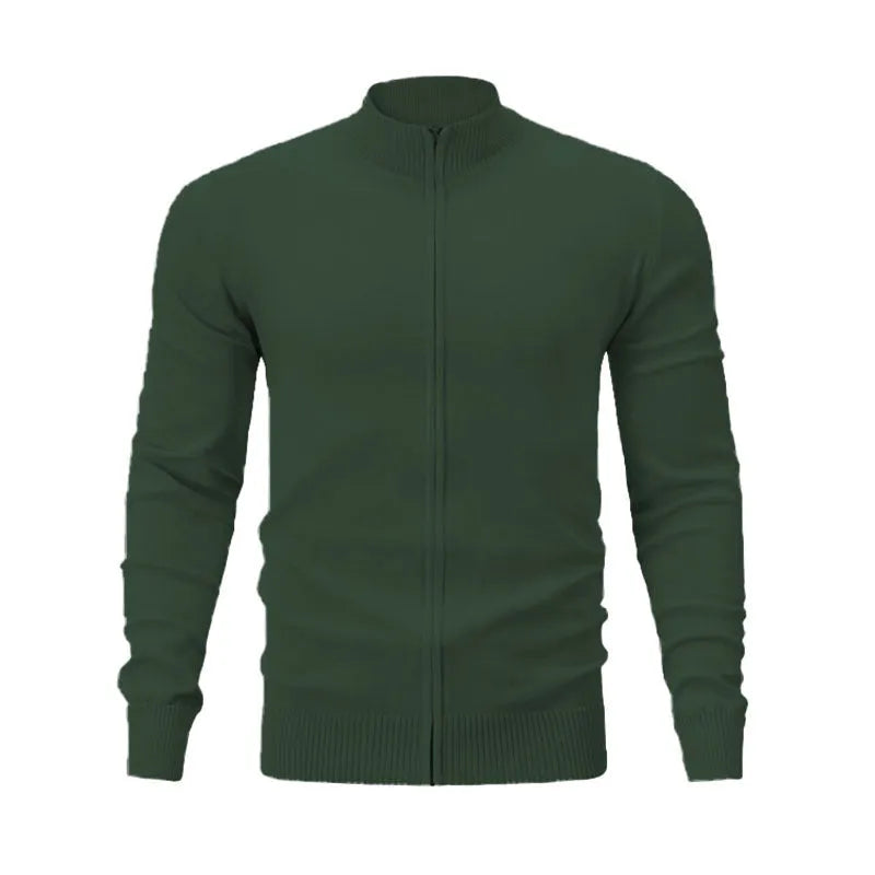 Men's grey cotton zip-up sports sweater with a stand collar shown in a loose fit