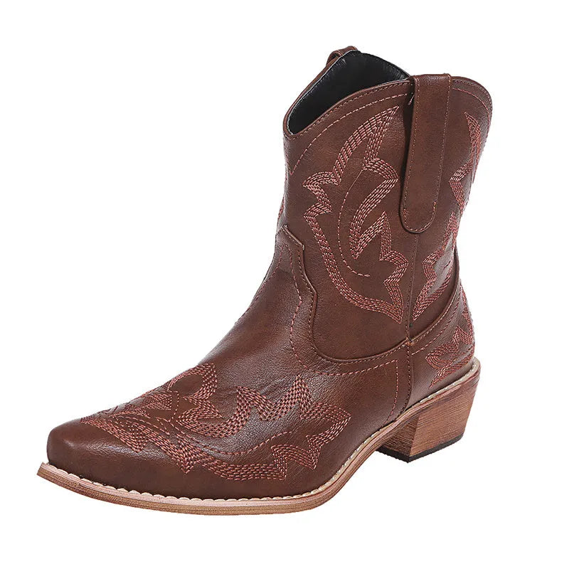 Women's blue embroidered cowboy boots with a wedge heel and pointed toe