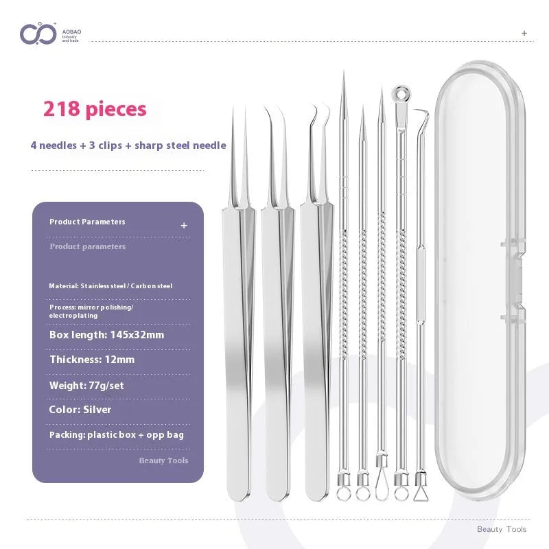 Four metal acne needles with pointed tips arranged on a clean surface.