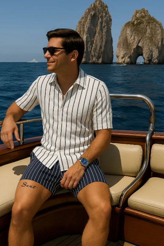 Men's beach shirt and shorts set in four-sided elastic fabric showing casual style