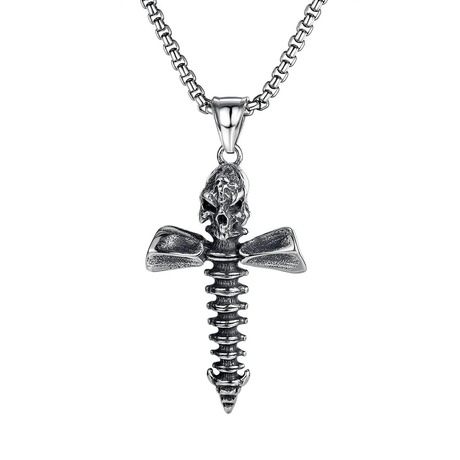 Men's stainless steel necklace with electroplated silver finish showing multiple pendant design options including skull, dagger and screw motifs