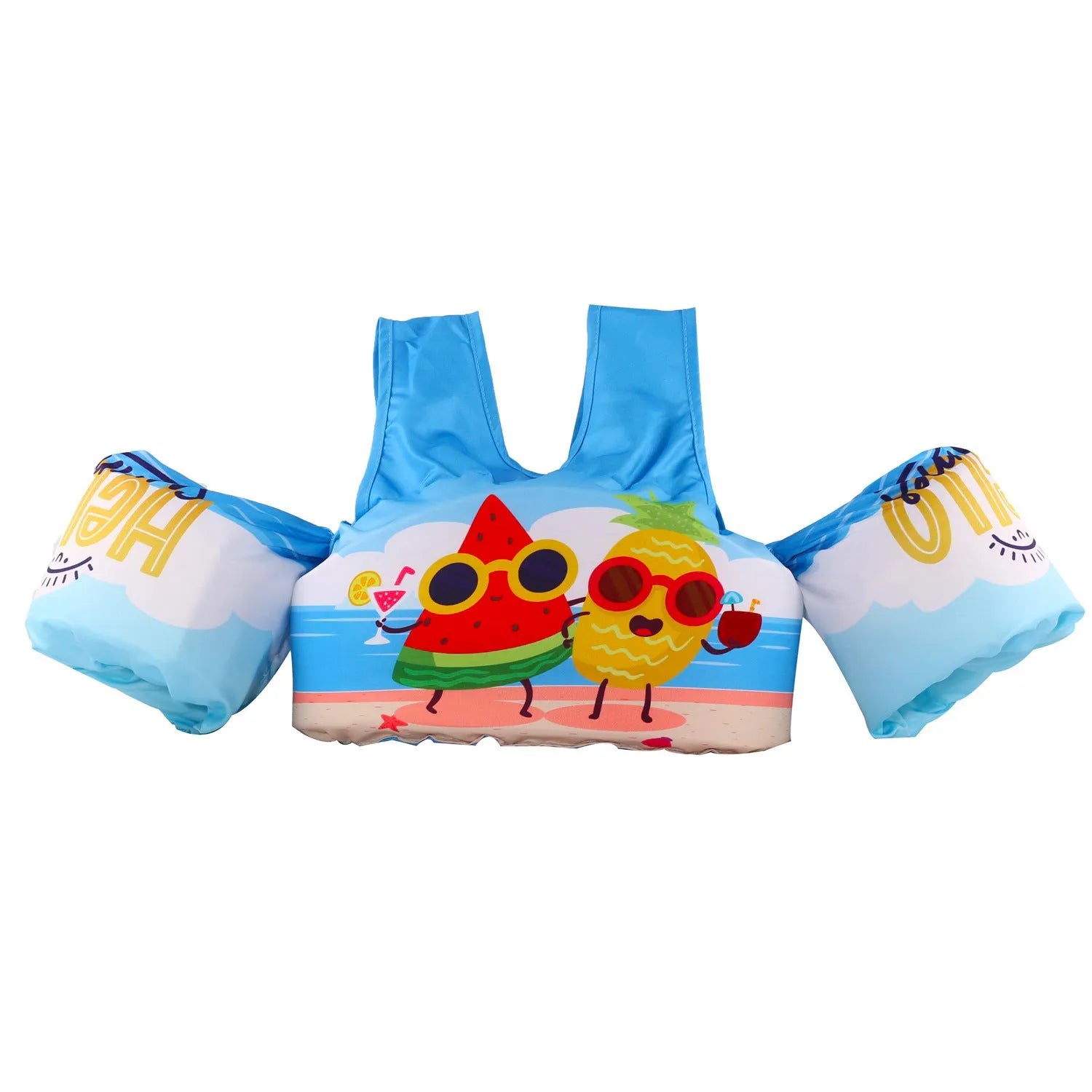 Cartoon children's swimming arm bands with lengthened arm ring design in various patterns including watermelon pineapple and blue crab