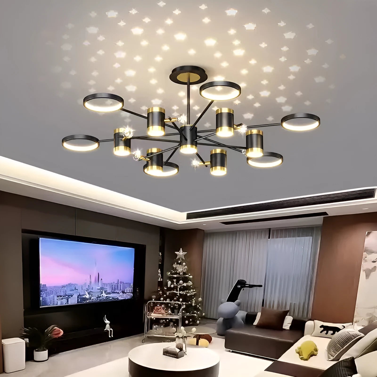 Black iron pendant lamp chandelier with 13 light heads and remote control, 1000mm diameter