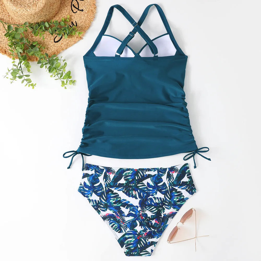Women's slim fit nylon bikini set in black, army green, leopard print or green leaves patterns