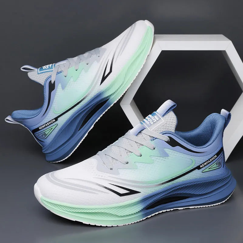 Men's solid colour casual shoes with mesh upper and rubber sole in black, blue, gray, and green options.