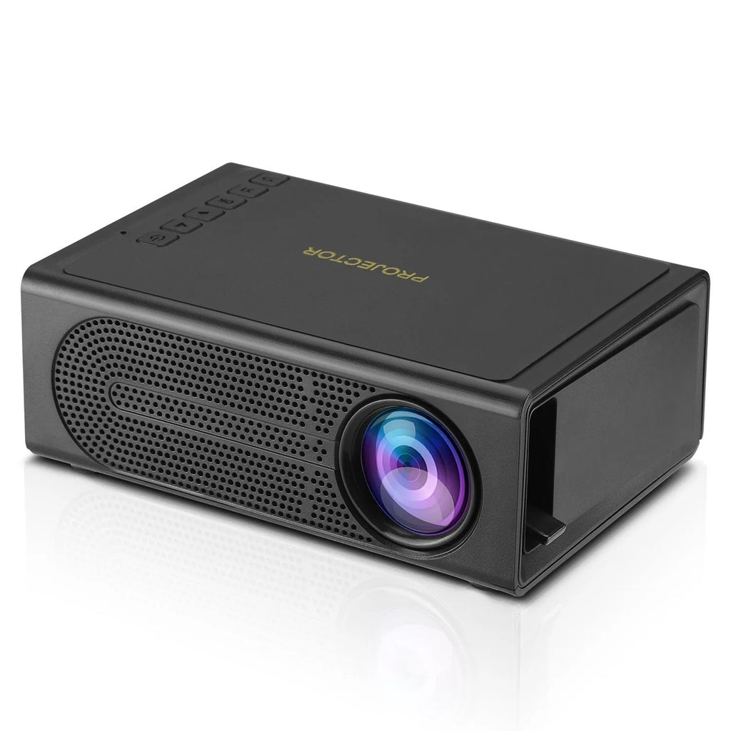 Black and white portable mini projector with wired mobile phone connection cable