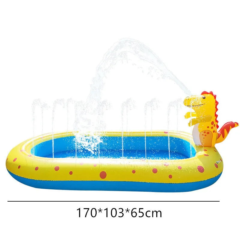 Blue dinosaur water spray pool play mat for kids measuring 170cm with water spray feature