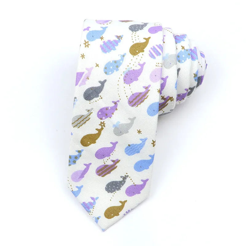 Narrow cotton bow tie with cartoon print pattern in assorted colour codes for men casual wear