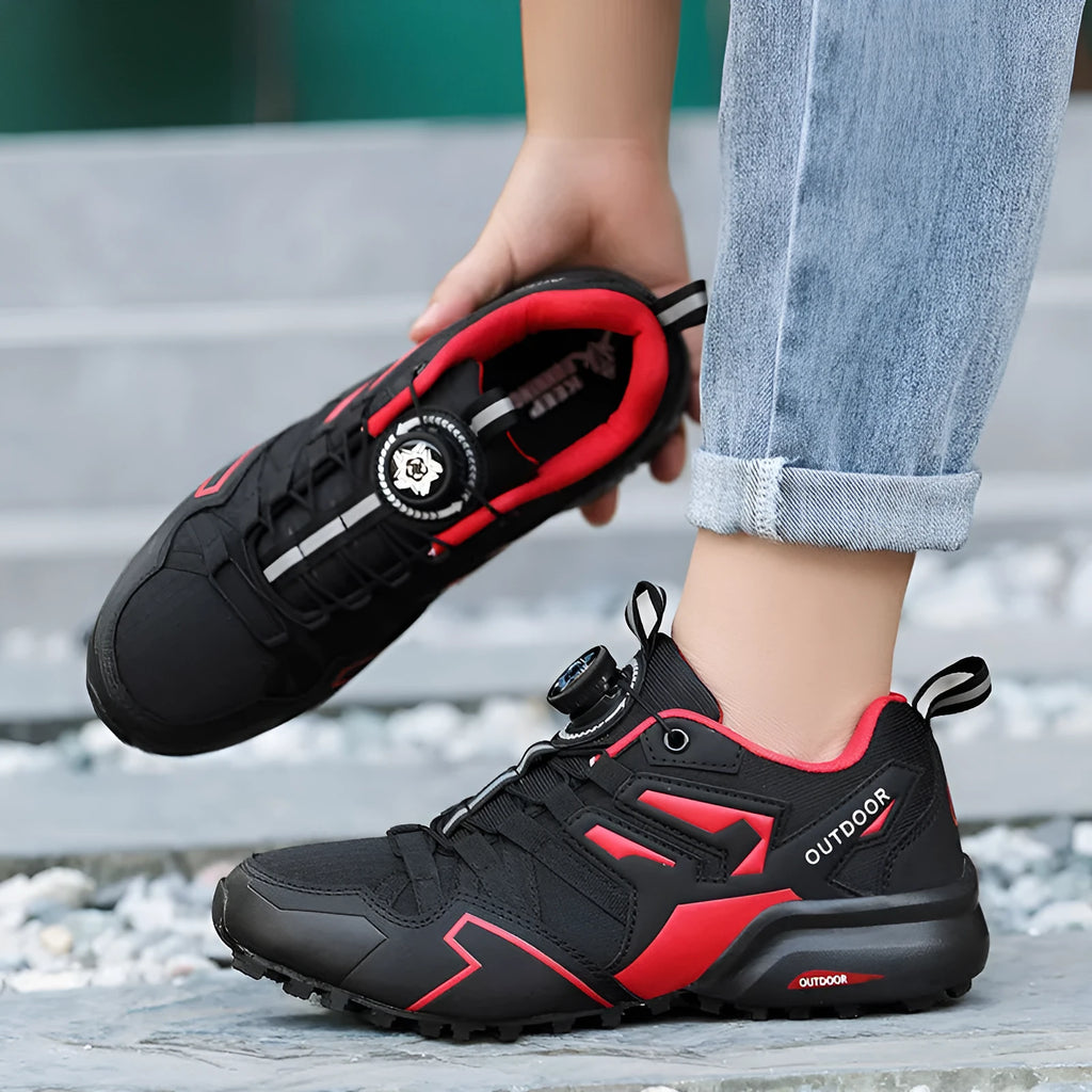 Off-road hiking shoes with elastic band closure in beige, black, and black red colour options