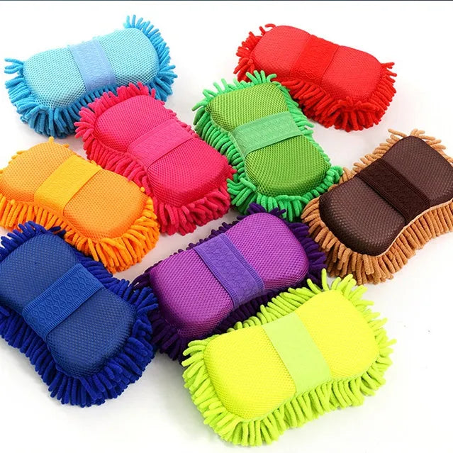 Silvery green car wash sponge measuring 14x25 cm with microfiber chenille texture