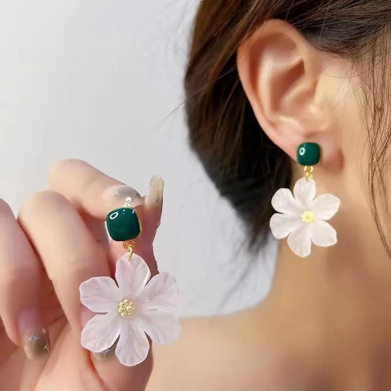 Dark green alloy earrings with detailed needle flowers sweet design for women