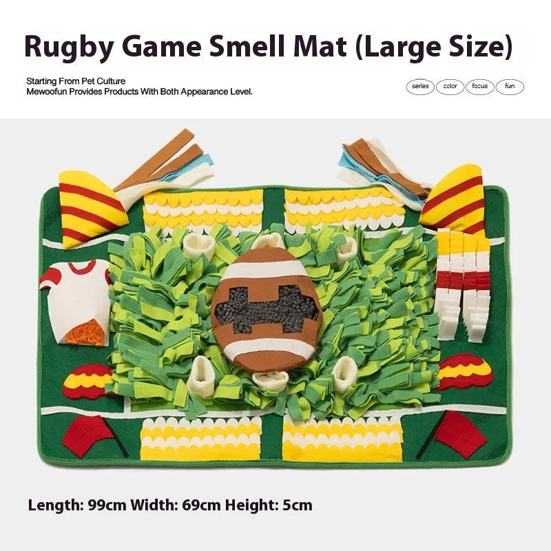 Fabric dog sniffing mat enrichment toy on a floor, Garden Camping theme.